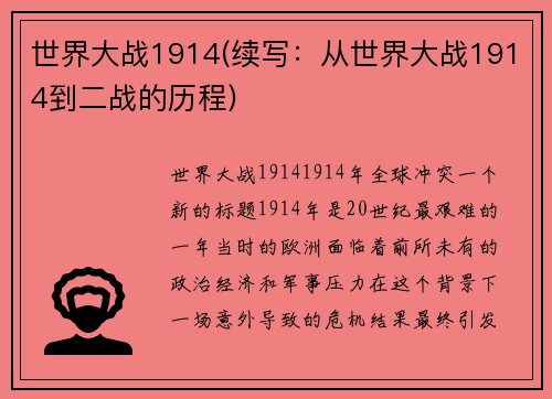 世界大战1914(续写：从世界大战1914到二战的历程)