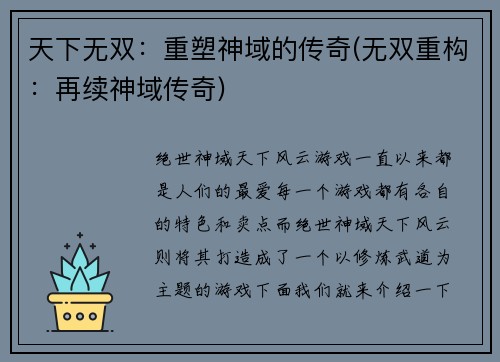天下无双：重塑神域的传奇(无双重构：再续神域传奇)